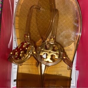 Nordstrom Translucent Amber Jelly Logo Thong Sandals with Gold Emblem